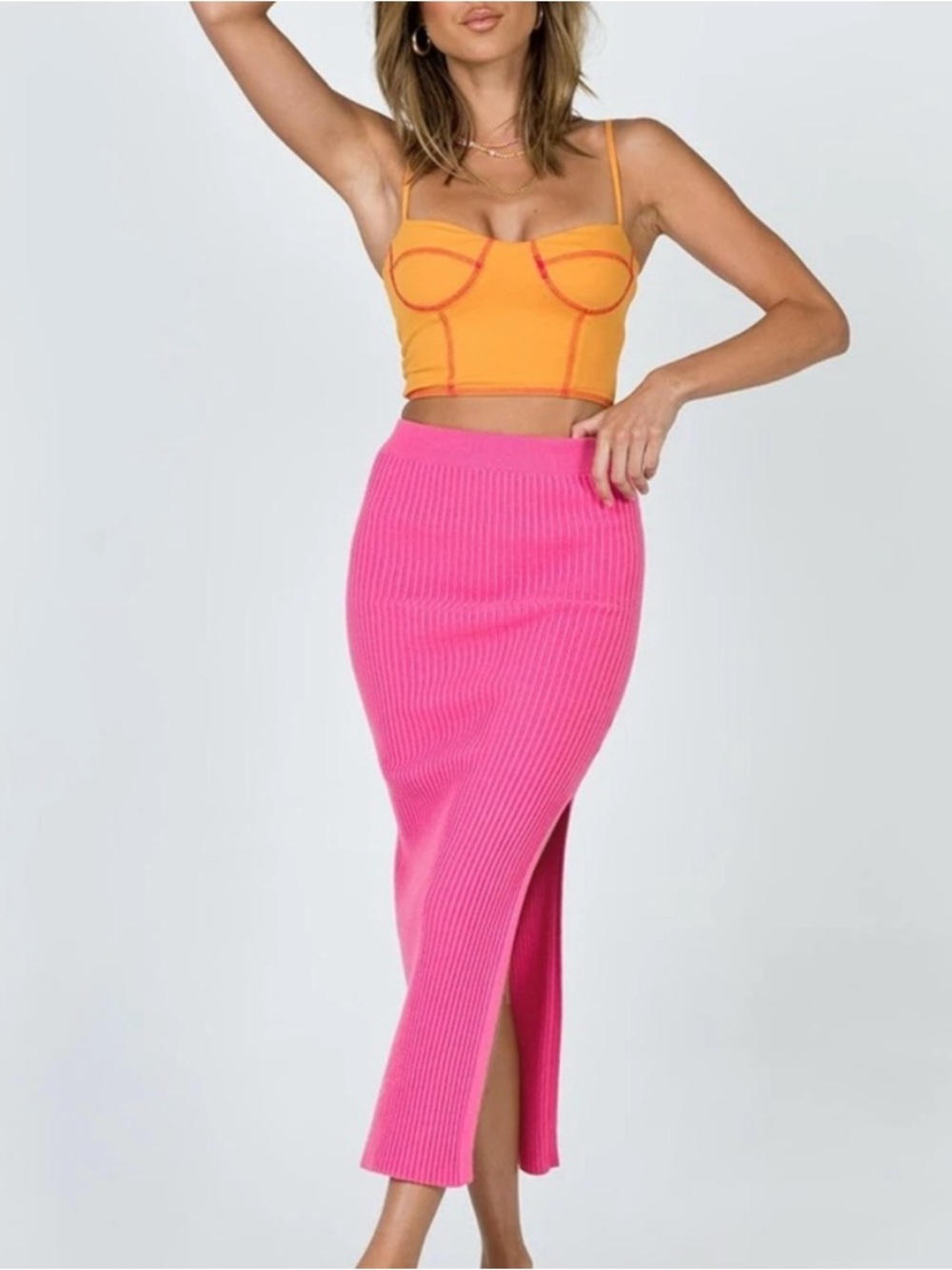 Princess Polly Pink Ribbed Midi Skirt with Side Slit